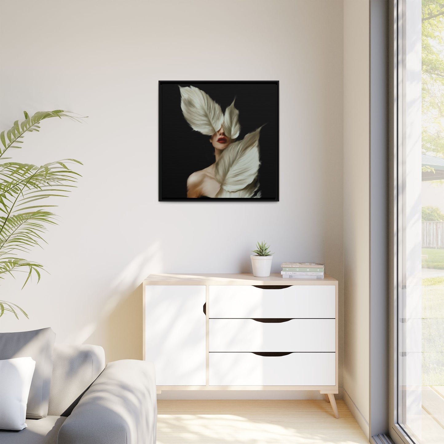 Dessin de femme numérique avec fleurs, art mural botanique bohème, impression sur toile mate encadrée, décoration d'intérieur moderne, esthétique feuillue