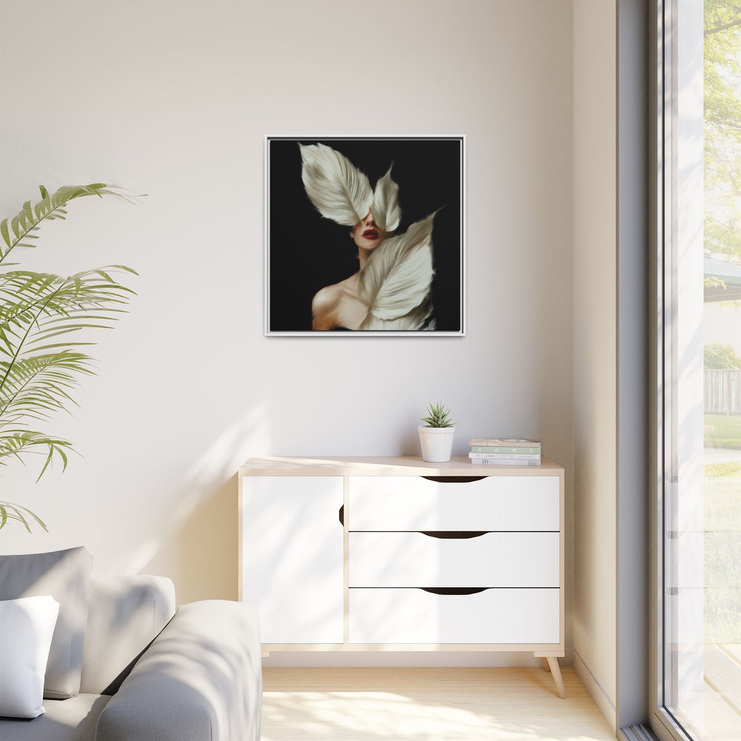 Dessin de femme numérique avec fleurs, art mural botanique bohème, impression sur toile mate encadrée, décoration d'intérieur moderne, esthétique feuillue
