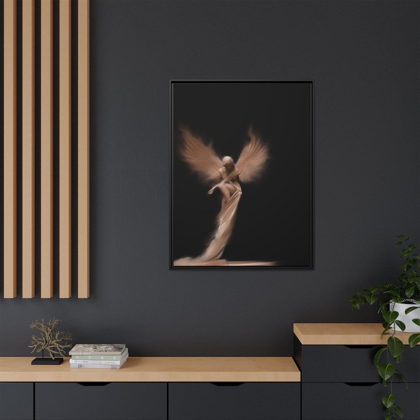 DIGITAL ANGEL DRAWING, Ethereal Angel Framed Canvas Art, Soft Angel Wings Wall Decor, Bohemian Home Decor, Gift for Art Lovers