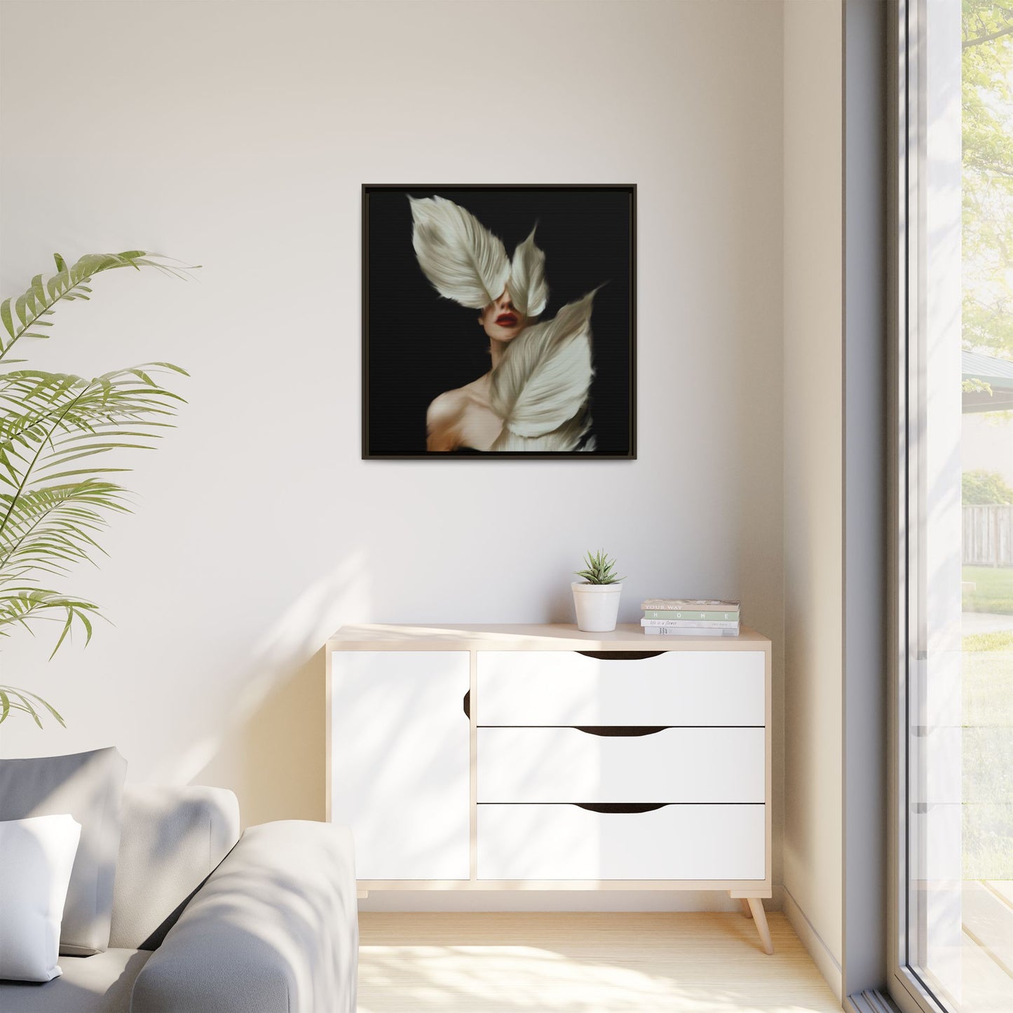 Dessin de femme numérique avec fleurs, art mural botanique bohème, impression sur toile mate encadrée, décoration d'intérieur moderne, esthétique feuillue