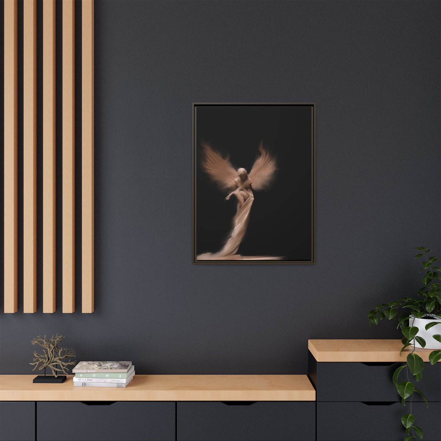 DIGITAL ANGEL DRAWING, Ethereal Angel Framed Canvas Art, Soft Angel Wings Wall Decor, Bohemian Home Decor, Gift for Art Lovers