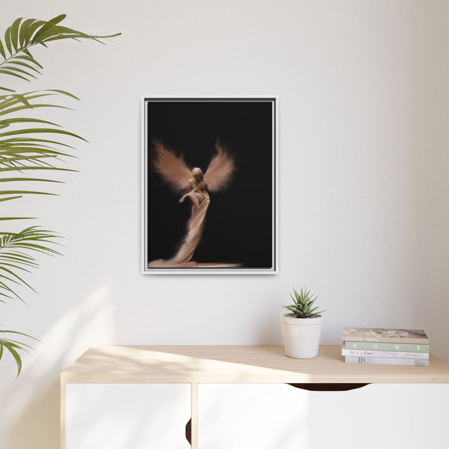 DIGITAL ANGEL DRAWING, Ethereal Angel Framed Canvas Art, Soft Angel Wings Wall Decor, Bohemian Home Decor, Gift for Art Lovers