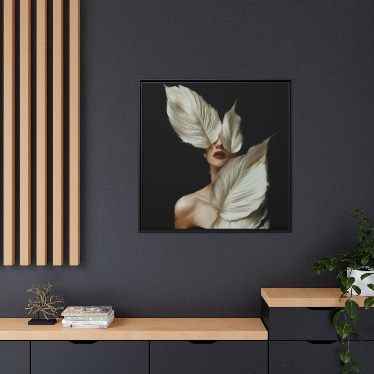 Dessin de femme numérique avec fleurs, art mural botanique bohème, impression sur toile mate encadrée, décoration d'intérieur moderne, esthétique feuillue