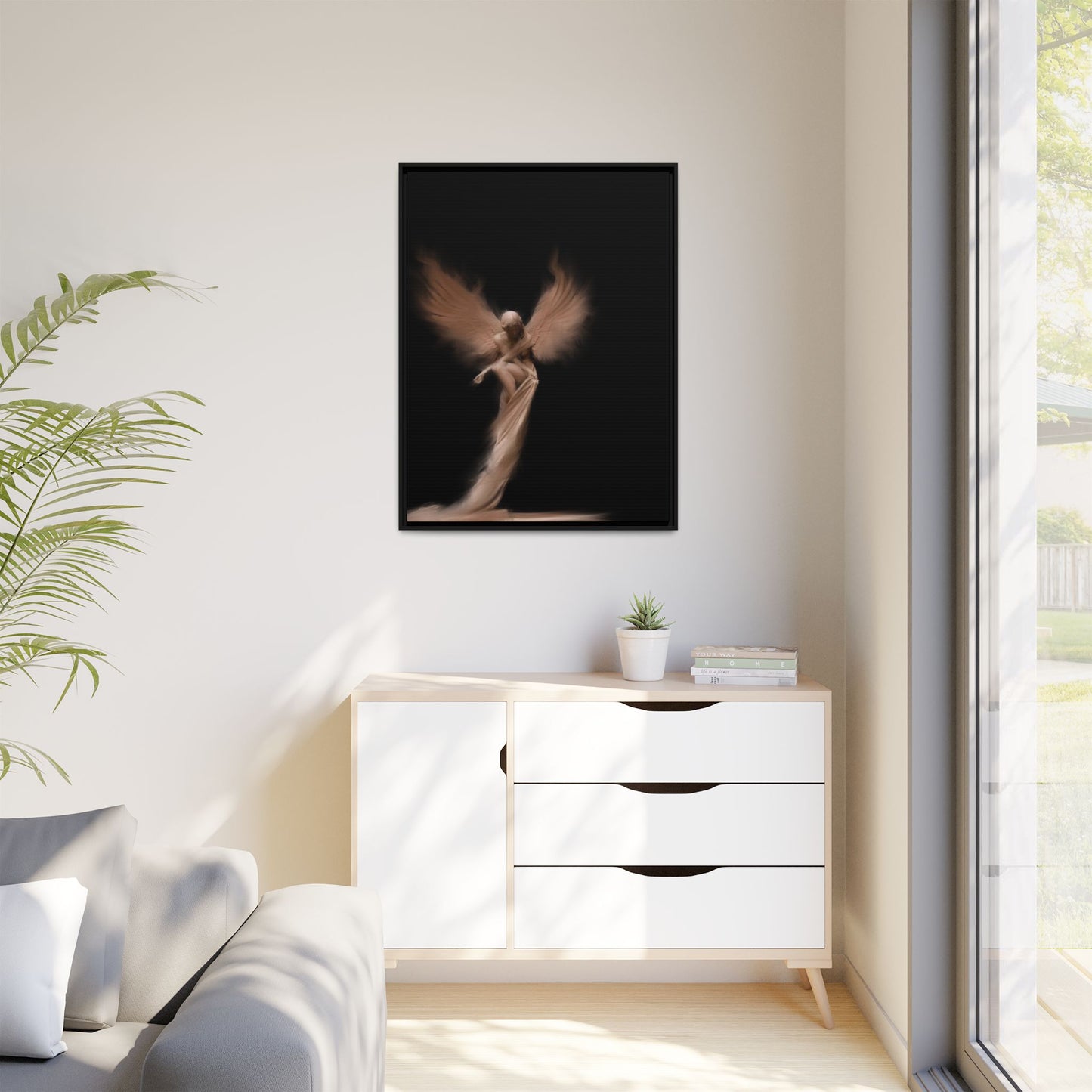 DIGITAL ANGEL DRAWING, Ethereal Angel Framed Canvas Art, Soft Angel Wings Wall Decor, Bohemian Home Decor, Gift for Art Lovers