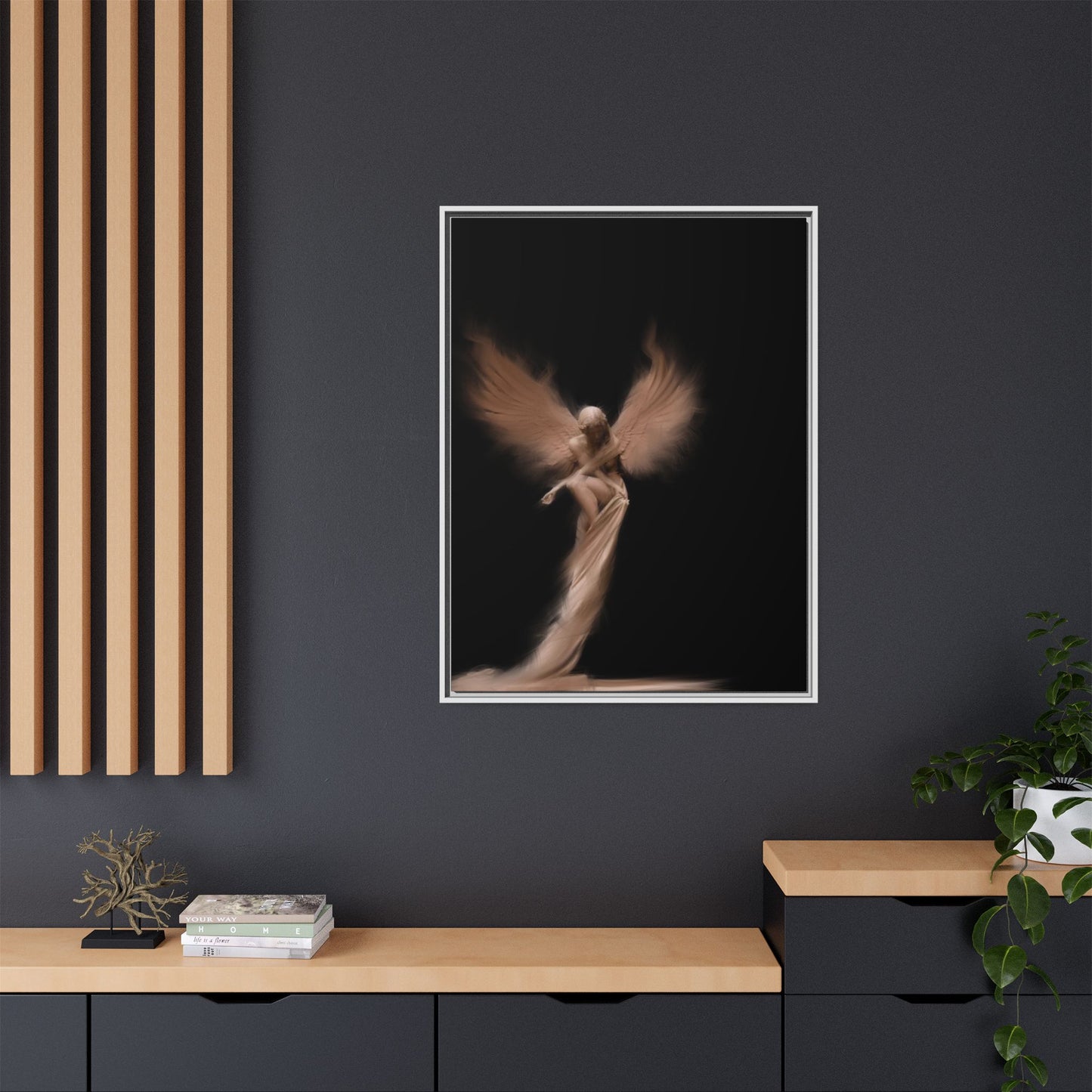 DIGITAL ANGEL DRAWING, Ethereal Angel Framed Canvas Art, Soft Angel Wings Wall Decor, Bohemian Home Decor, Gift for Art Lovers