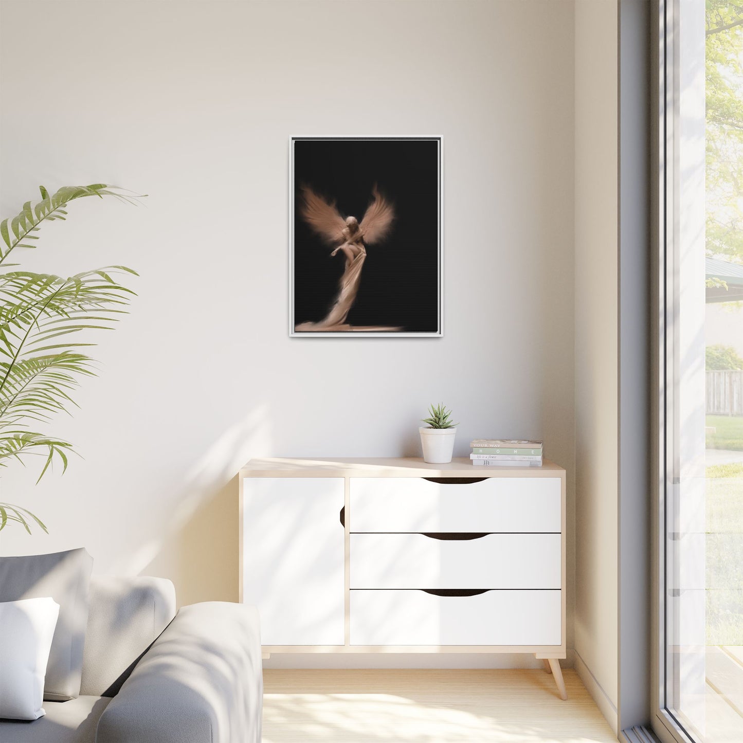 DIGITAL ANGEL DRAWING, Ethereal Angel Framed Canvas Art, Soft Angel Wings Wall Decor, Bohemian Home Decor, Gift for Art Lovers