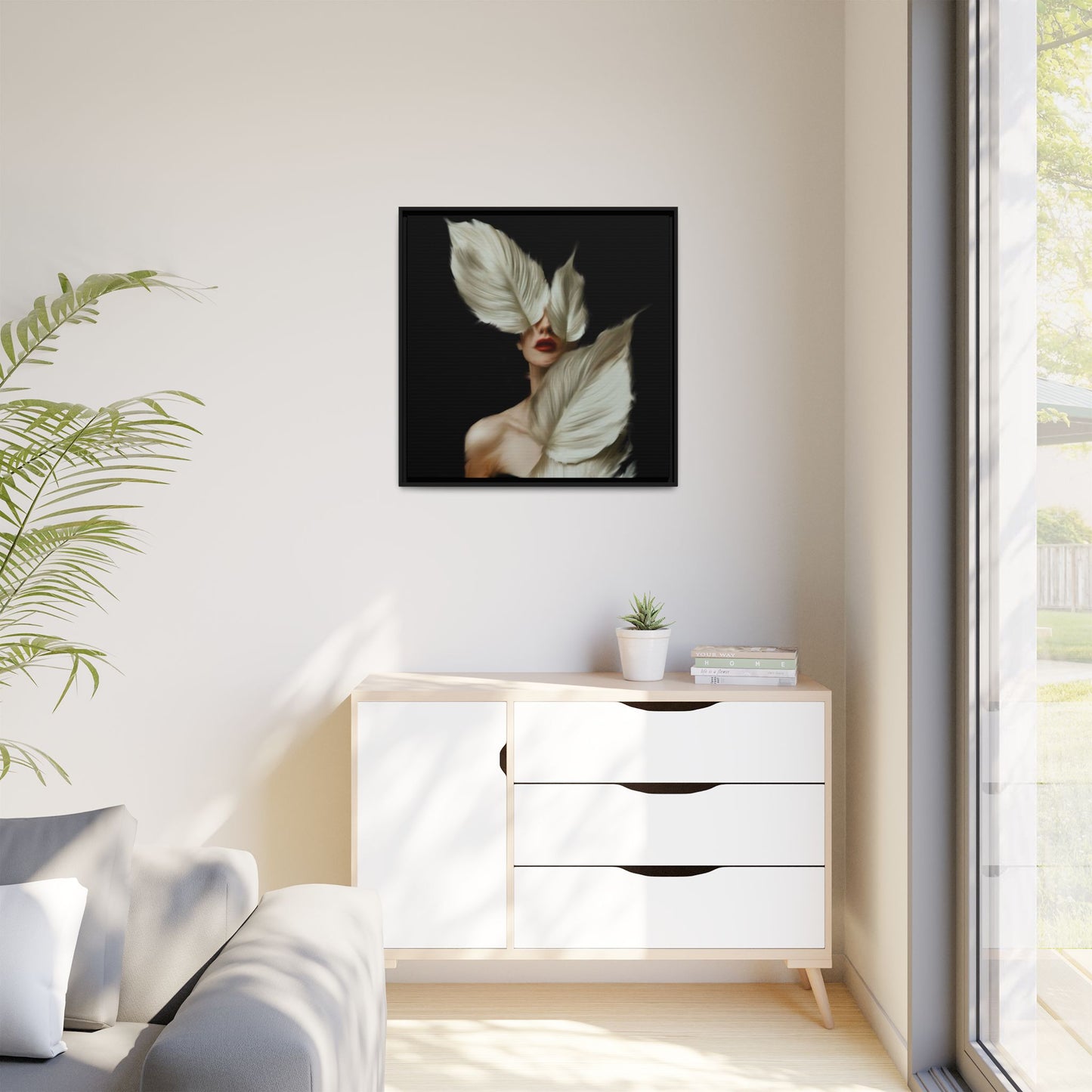 Dessin de femme numérique avec fleurs, art mural botanique bohème, impression sur toile mate encadrée, décoration d'intérieur moderne, esthétique feuillue