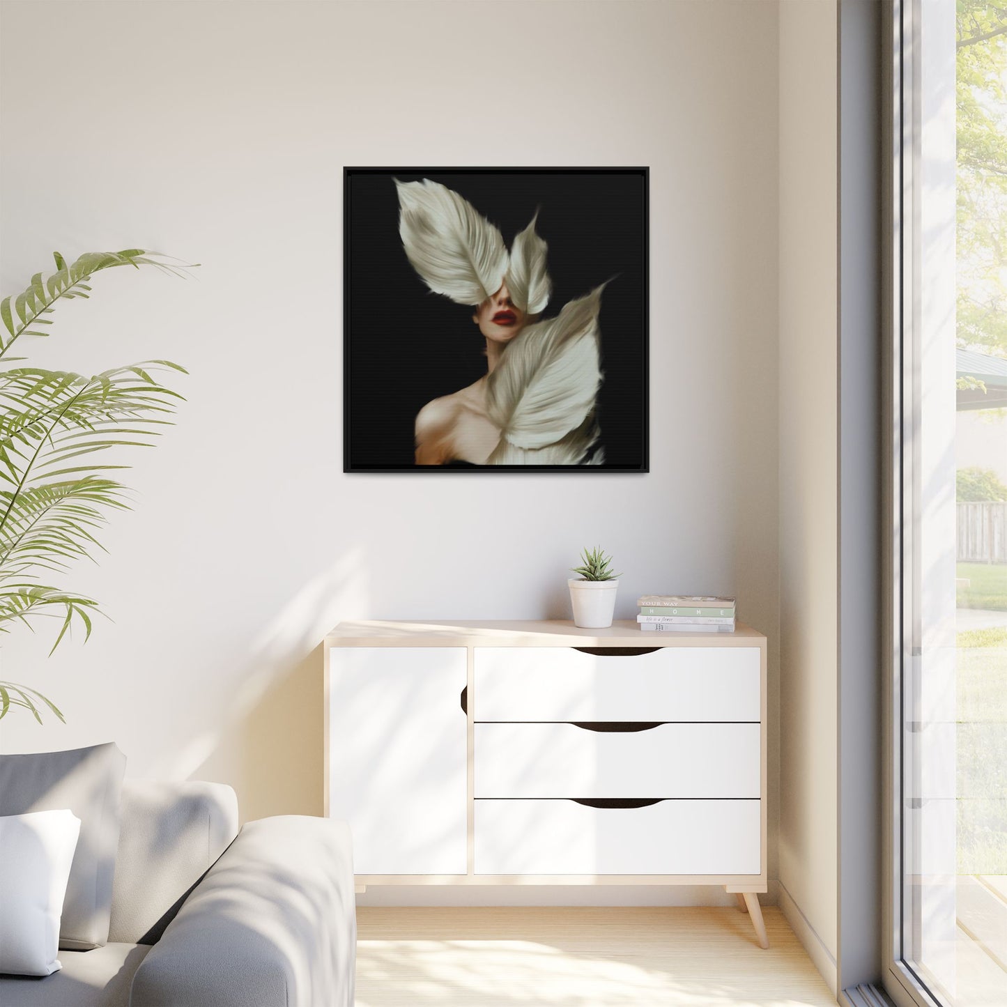 Dessin de femme numérique avec fleurs, art mural botanique bohème, impression sur toile mate encadrée, décoration d'intérieur moderne, esthétique feuillue