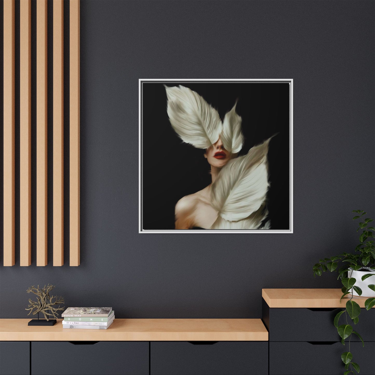 Dessin de femme numérique avec fleurs, art mural botanique bohème, impression sur toile mate encadrée, décoration d'intérieur moderne, esthétique feuillue