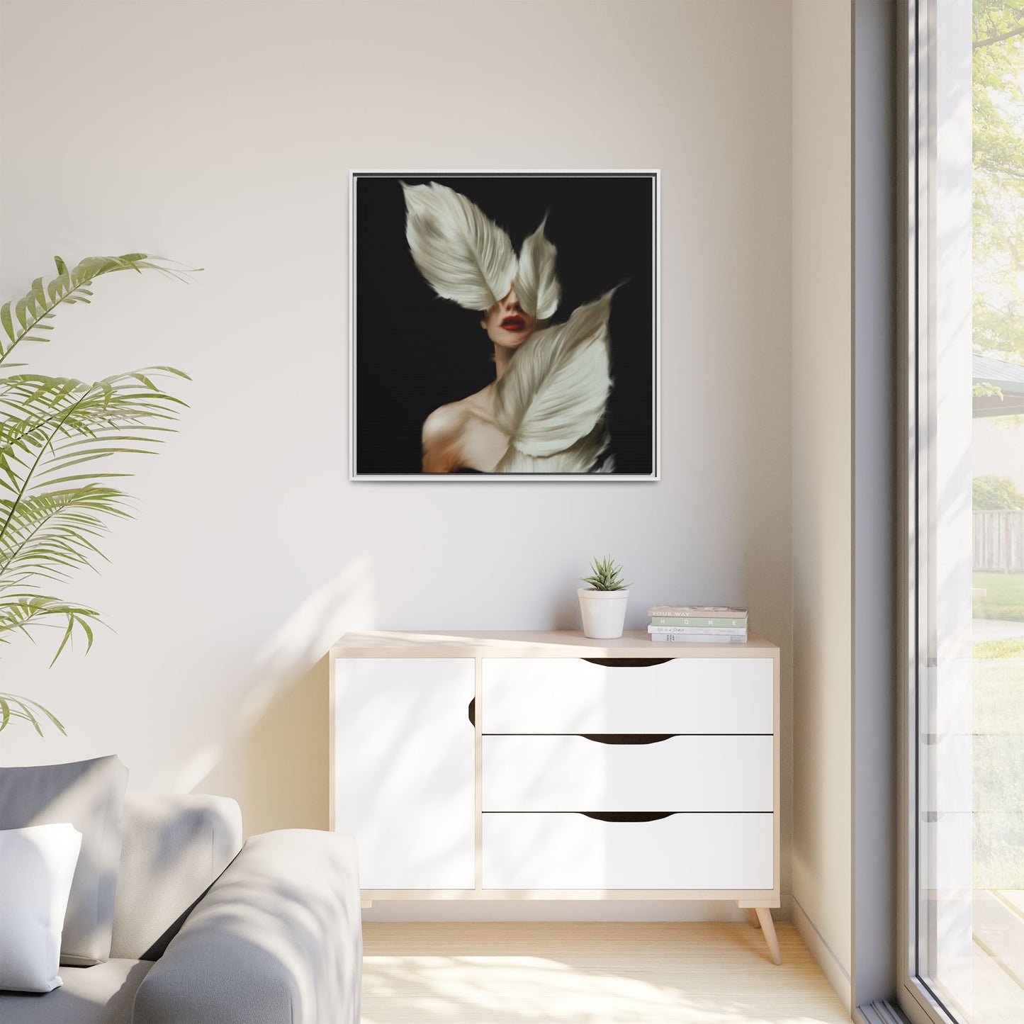 Dessin de femme numérique avec fleurs, art mural botanique bohème, impression sur toile mate encadrée, décoration d'intérieur moderne, esthétique feuillue