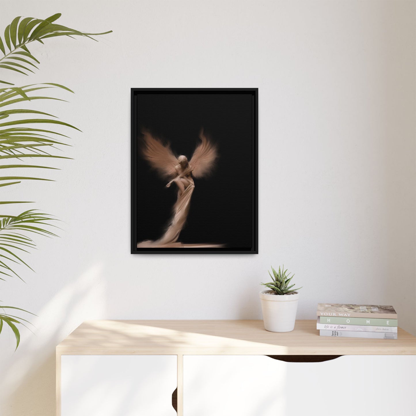 DIGITAL ANGEL DRAWING, Ethereal Angel Framed Canvas Art, Soft Angel Wings Wall Decor, Bohemian Home Decor, Gift for Art Lovers