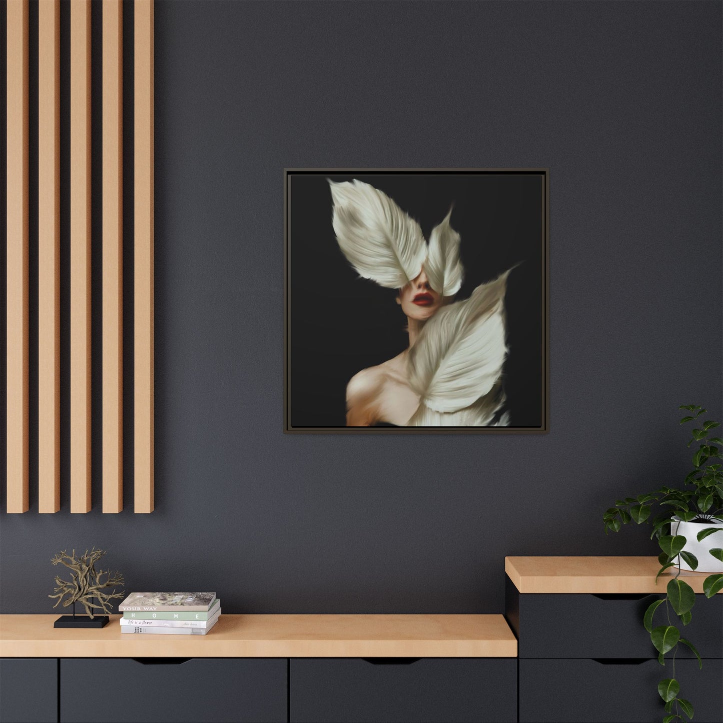 Dessin de femme numérique avec fleurs, art mural botanique bohème, impression sur toile mate encadrée, décoration d'intérieur moderne, esthétique feuillue