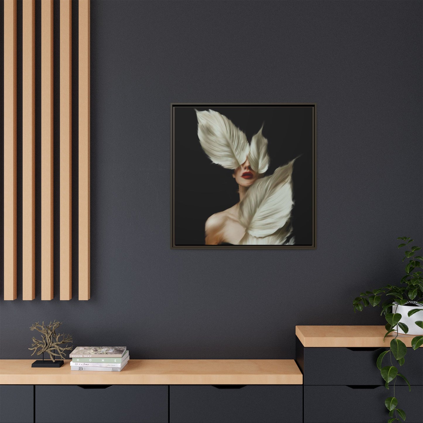 Dessin de femme numérique avec fleurs, art mural botanique bohème, impression sur toile mate encadrée, décoration d'intérieur moderne, esthétique feuillue