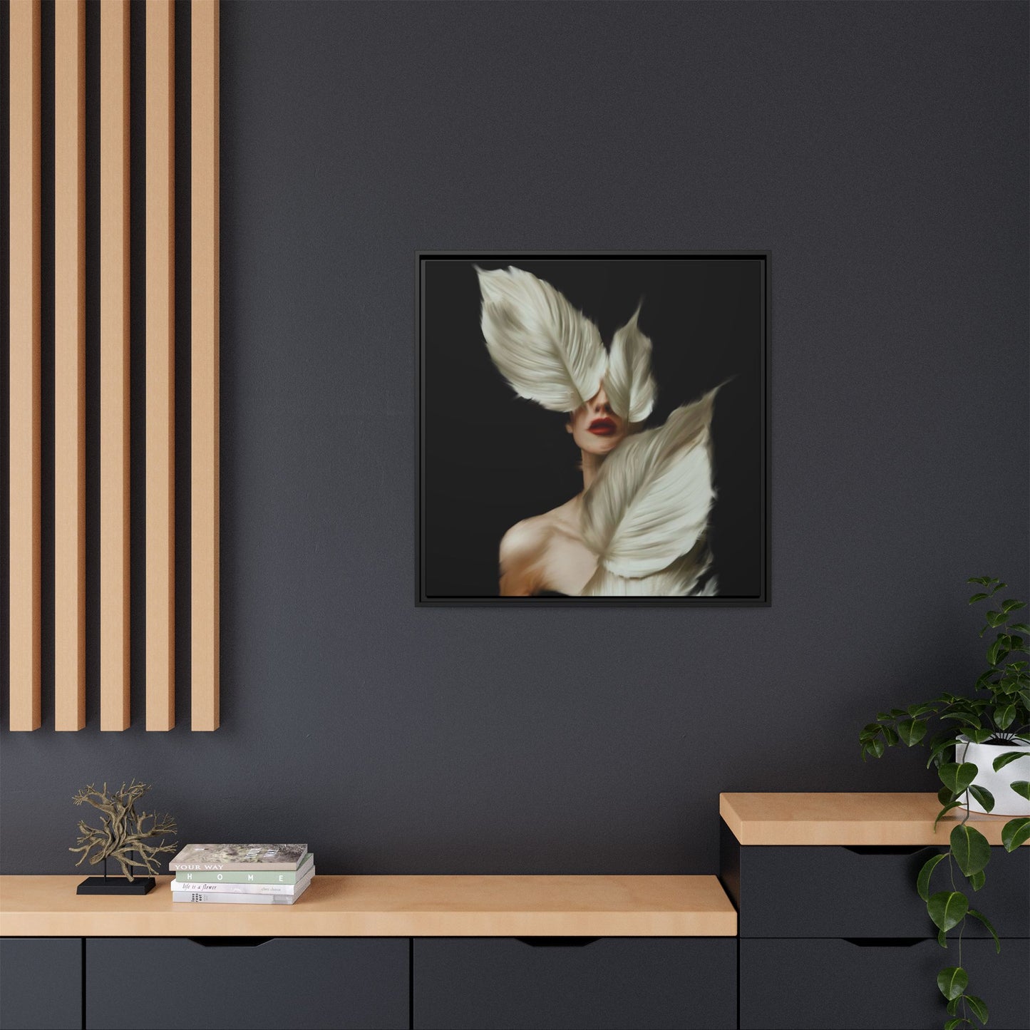 Dessin de femme numérique avec fleurs, art mural botanique bohème, impression sur toile mate encadrée, décoration d'intérieur moderne, esthétique feuillue