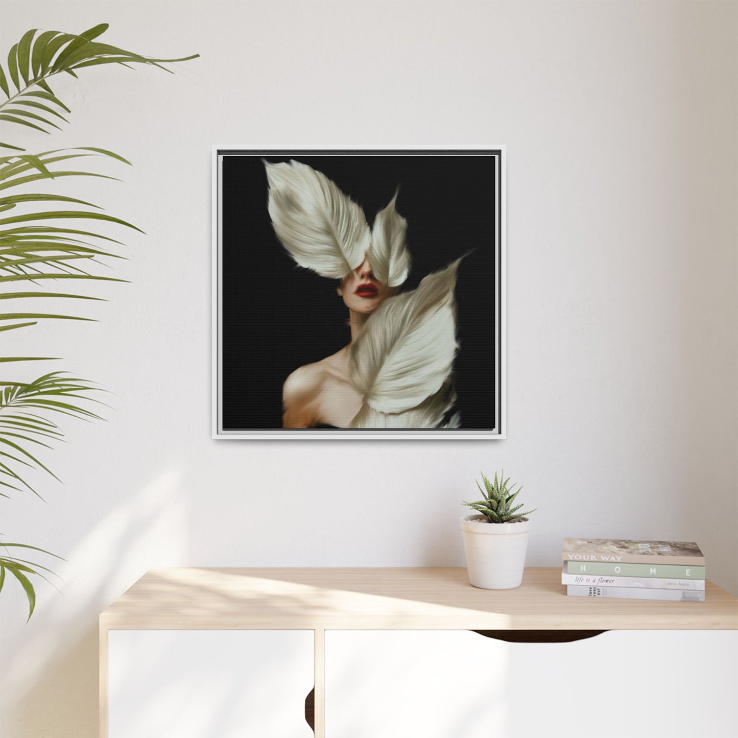 Dessin de femme numérique avec fleurs, art mural botanique bohème, impression sur toile mate encadrée, décoration d'intérieur moderne, esthétique feuillue