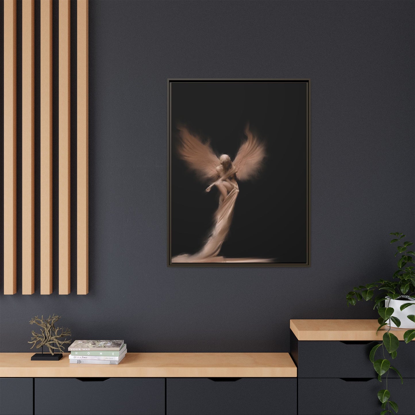 DIGITAL ANGEL DRAWING, Ethereal Angel Framed Canvas Art, Soft Angel Wings Wall Decor, Bohemian Home Decor, Gift for Art Lovers