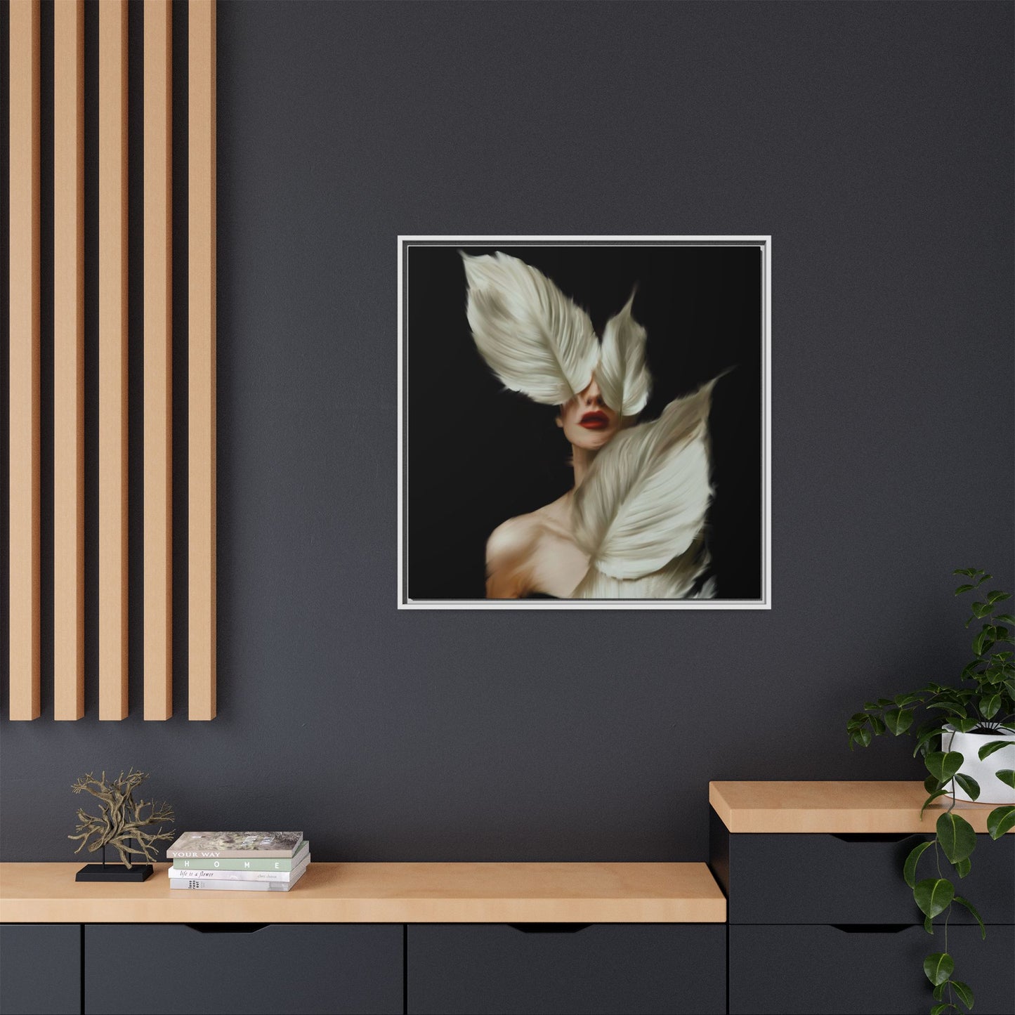 Dessin de femme numérique avec fleurs, art mural botanique bohème, impression sur toile mate encadrée, décoration d'intérieur moderne, esthétique feuillue