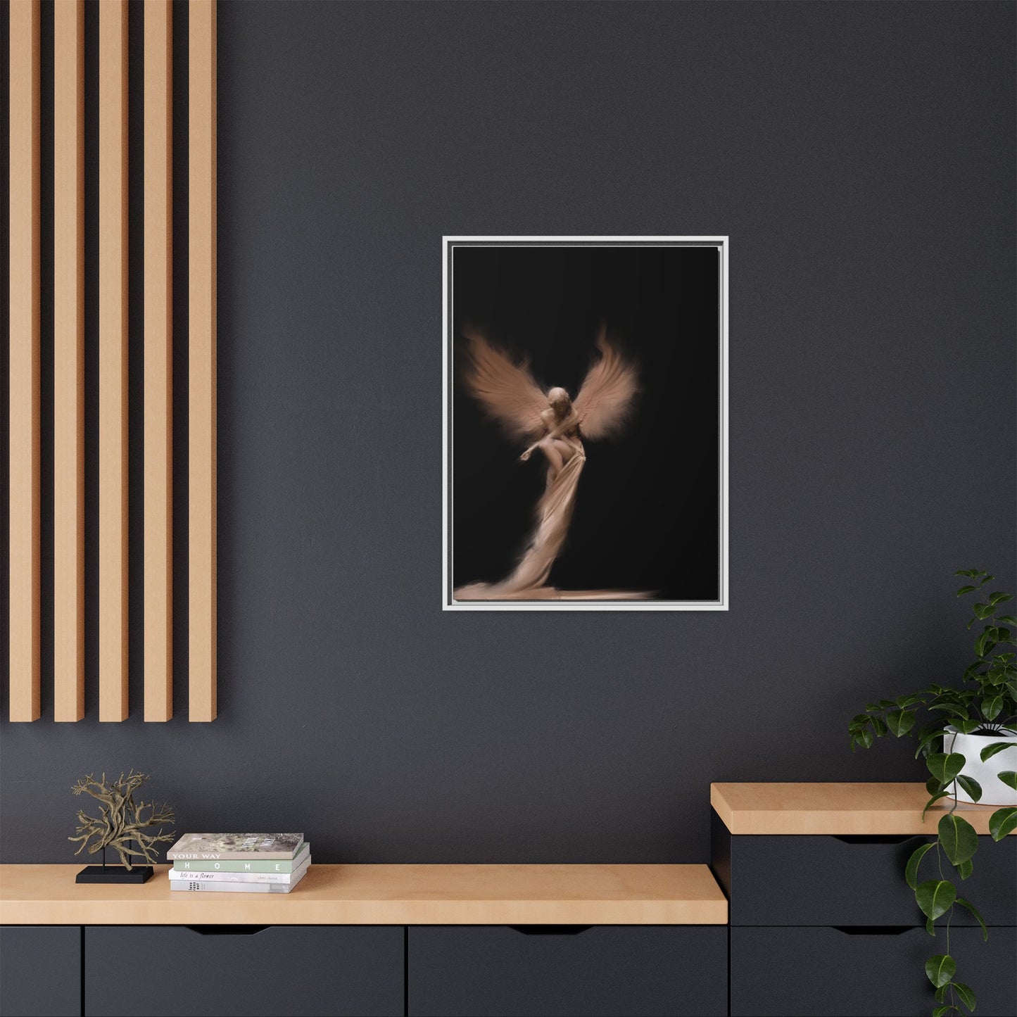 DIGITAL ANGEL DRAWING, Ethereal Angel Framed Canvas Art, Soft Angel Wings Wall Decor, Bohemian Home Decor, Gift for Art Lovers