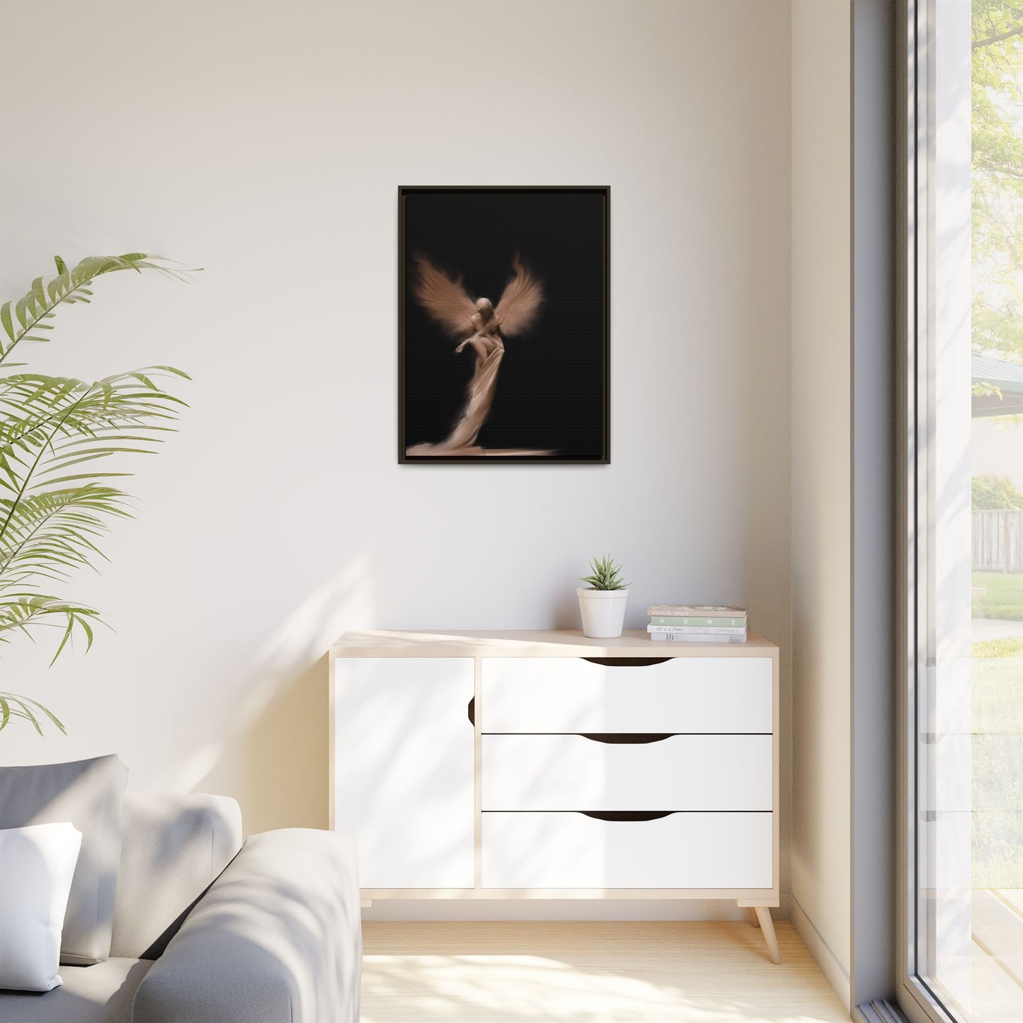 DIGITAL ANGEL DRAWING, Ethereal Angel Framed Canvas Art, Soft Angel Wings Wall Decor, Bohemian Home Decor, Gift for Art Lovers