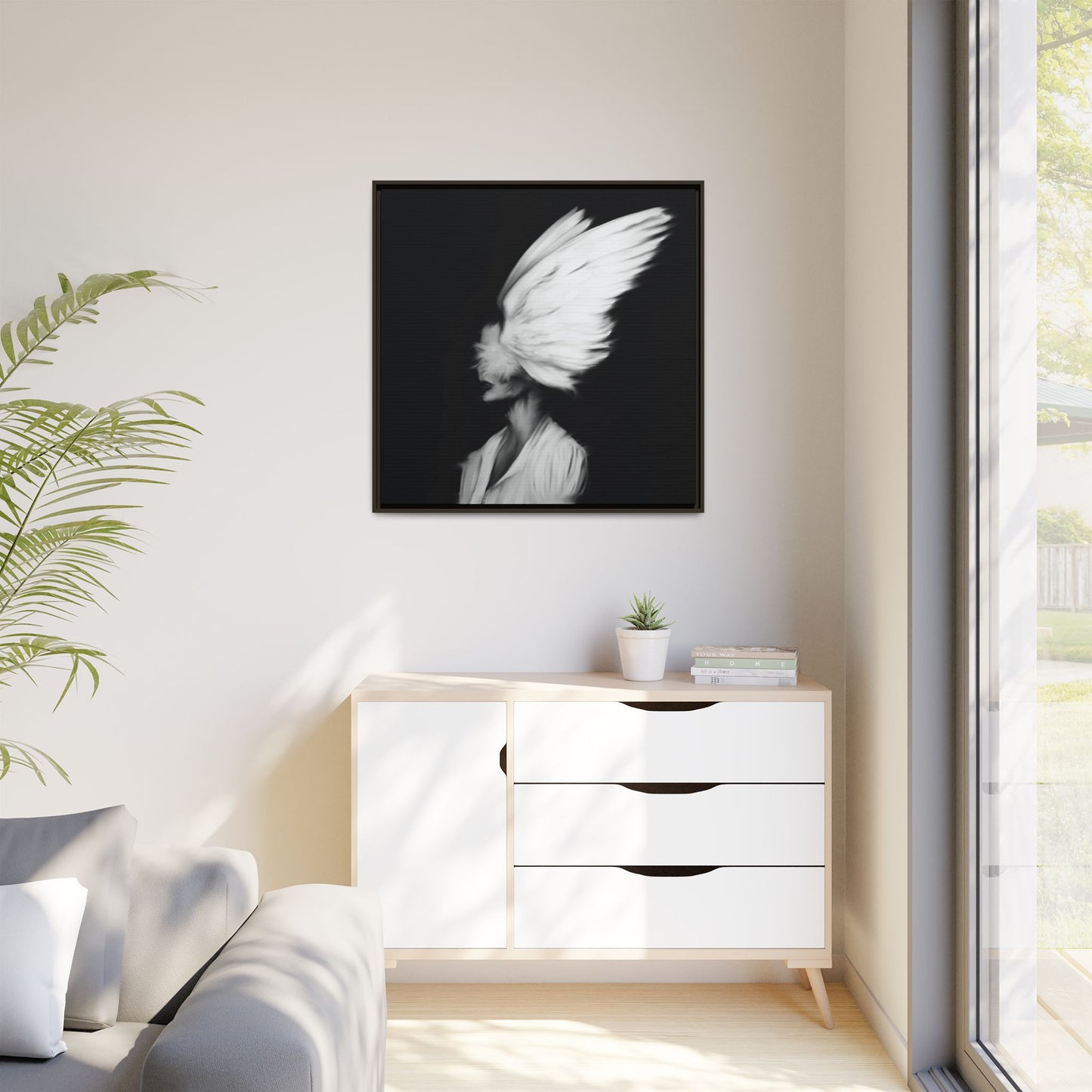 Digital Angel Drawing, Abstract Angel Wings Framed Canvas Art, Dramatic Wall Decor, Inspirational Gift, Modern Home Artwork