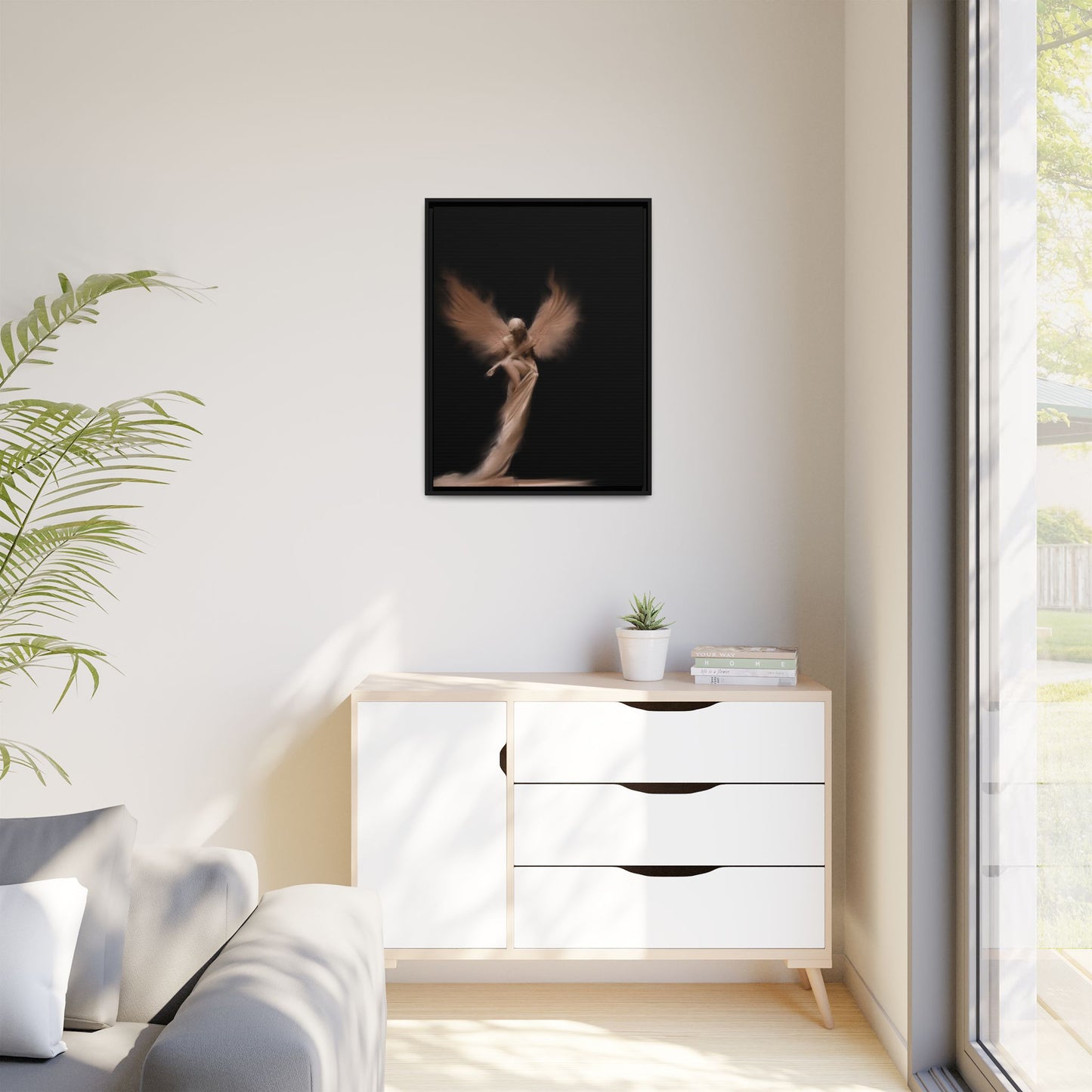 DIGITAL ANGEL DRAWING, Ethereal Angel Framed Canvas Art, Soft Angel Wings Wall Decor, Bohemian Home Decor, Gift for Art Lovers