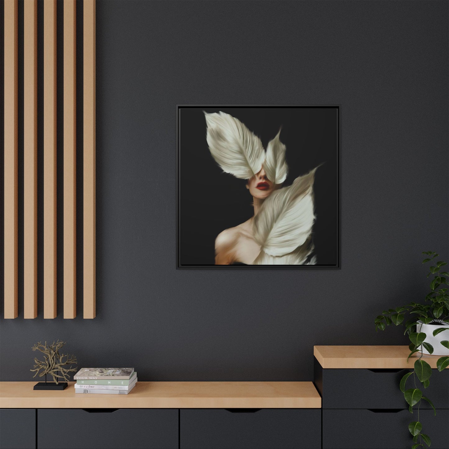 Dessin de femme numérique avec fleurs, art mural botanique bohème, impression sur toile mate encadrée, décoration d'intérieur moderne, esthétique feuillue