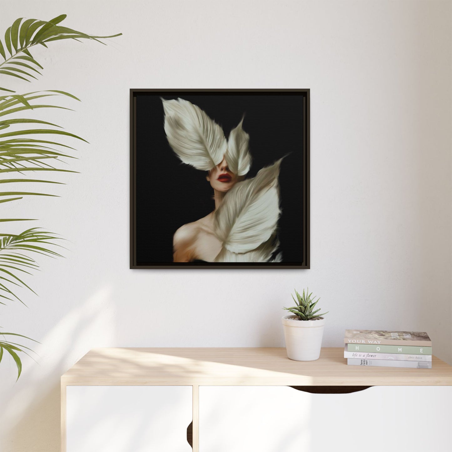 Dessin de femme numérique avec fleurs, art mural botanique bohème, impression sur toile mate encadrée, décoration d'intérieur moderne, esthétique feuillue
