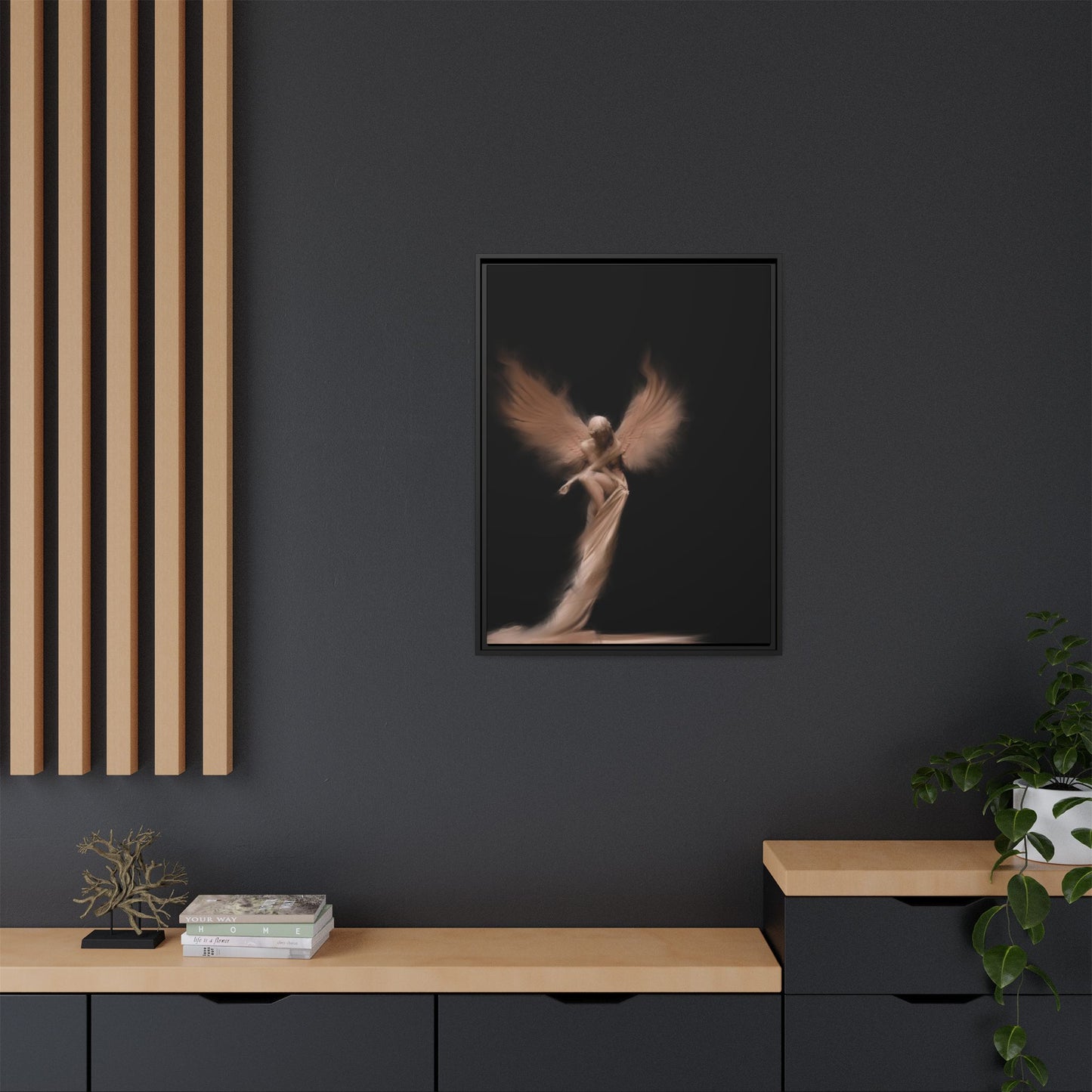 DIGITAL ANGEL DRAWING, Ethereal Angel Framed Canvas Art, Soft Angel Wings Wall Decor, Bohemian Home Decor, Gift for Art Lovers