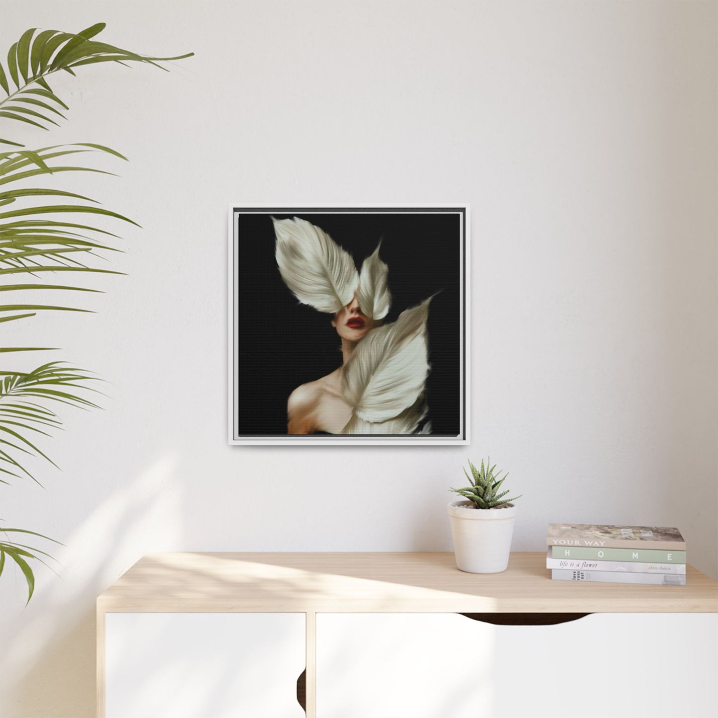 Dessin de femme numérique avec fleurs, art mural botanique bohème, impression sur toile mate encadrée, décoration d'intérieur moderne, esthétique feuillue