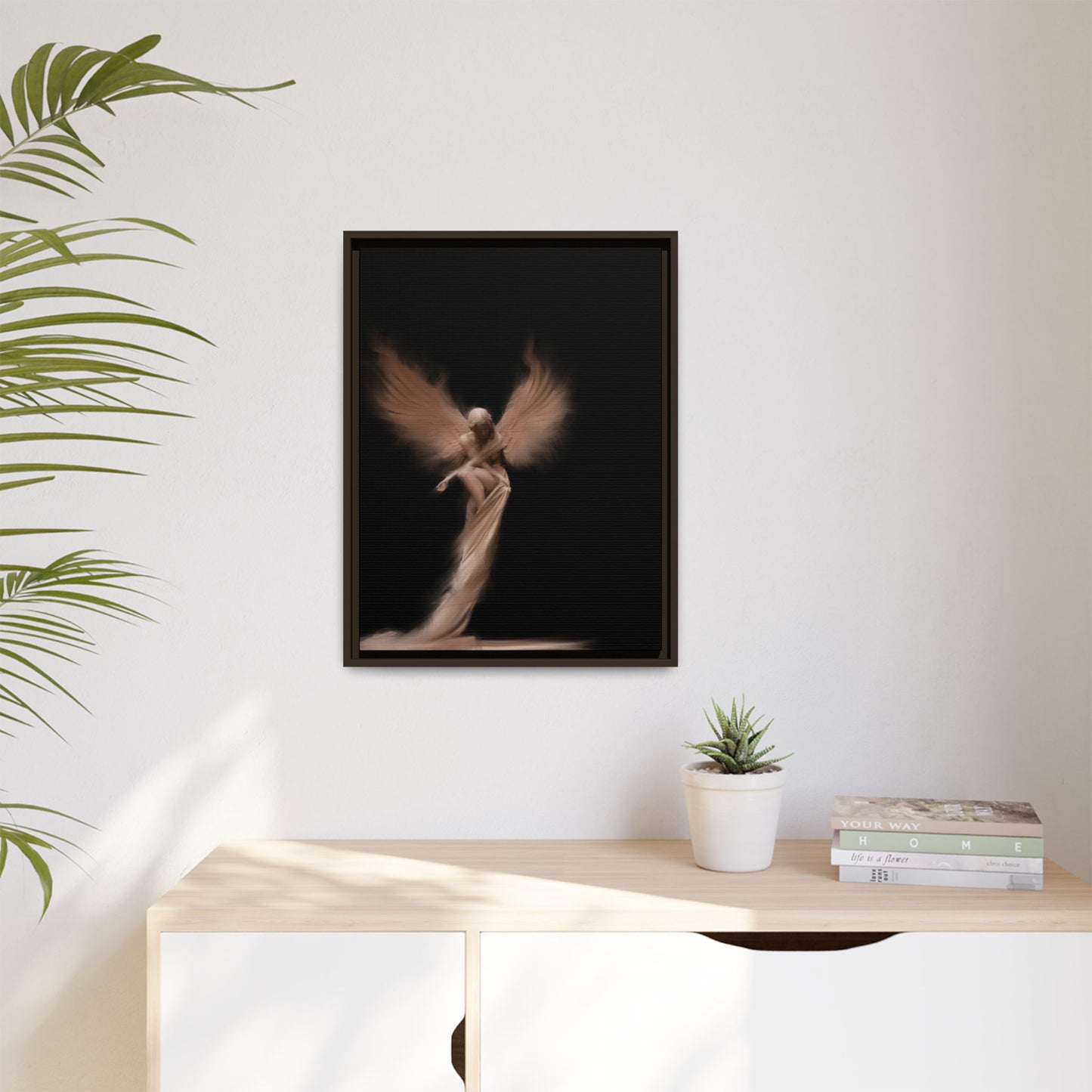 DIGITAL ANGEL DRAWING, Ethereal Angel Framed Canvas Art, Soft Angel Wings Wall Decor, Bohemian Home Decor, Gift for Art Lovers